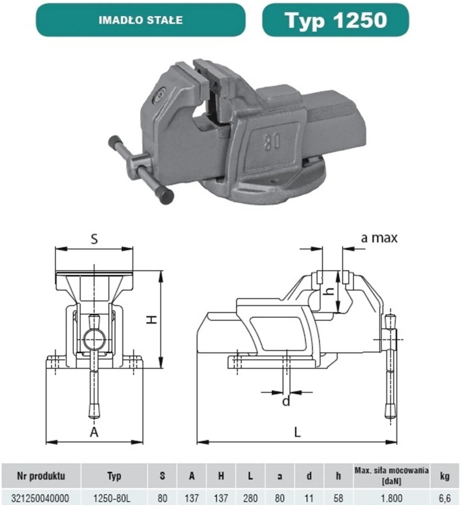Imadło ślusarskie 1250-80L stałe Bison S.A. 5907412038056