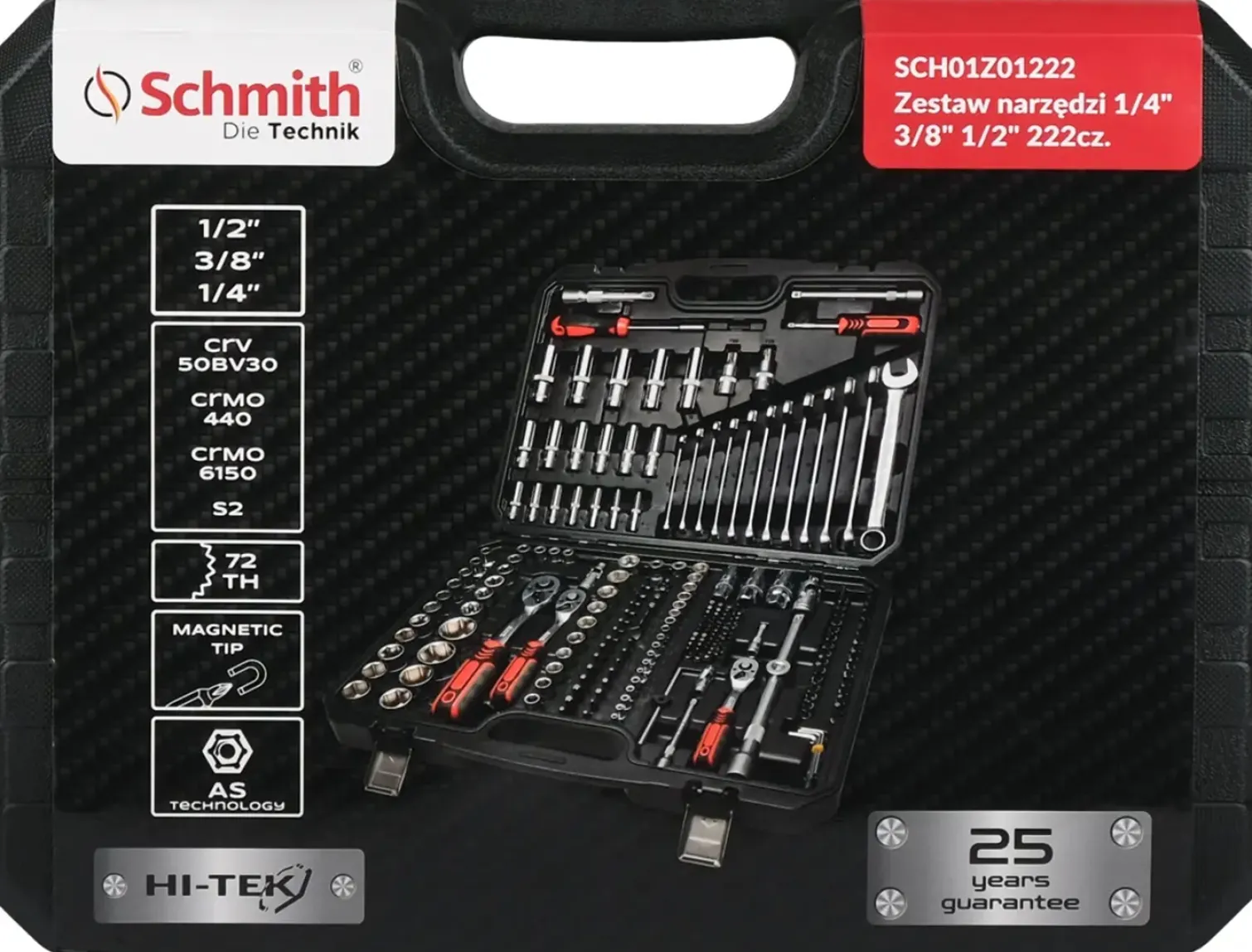 Klucze nasadowe 1/4" 3/8" 1/2" 222 elementów Schmith SCH01Z01222