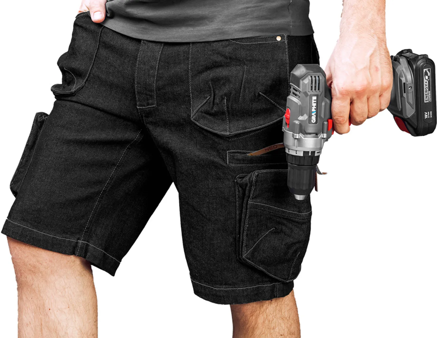 Krótkie spodenki robocze DENIM, czarne, rozmiar L Neo 81-273-L