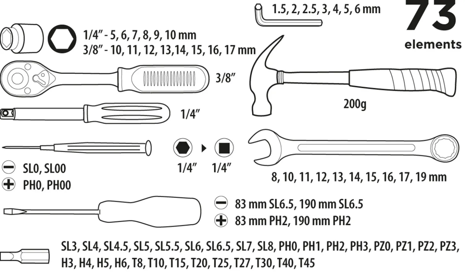 Zestaw narzędzi ręcznych, 73 elementów Top Tools 38D500